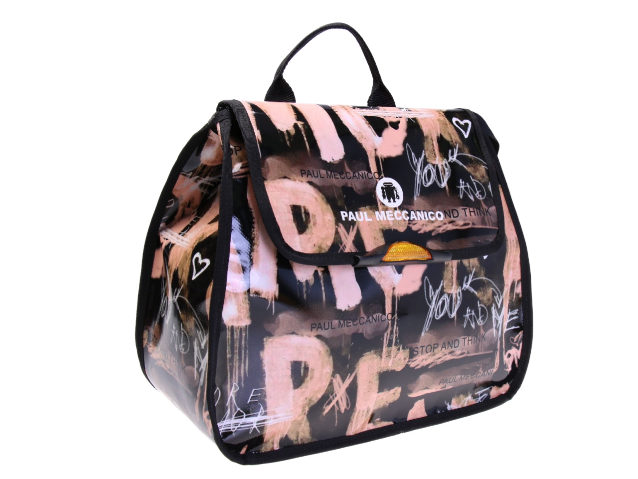 WOMEN'S "BACK BAG" BLACK AND PINK COLOURS WITH LETTERING FANTASY. MODEL PULP MADE OF LORRY TARPAULIN.
