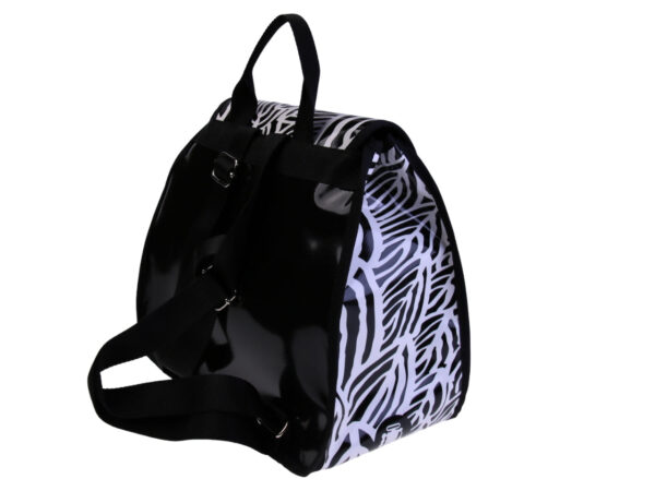 ...BLACK AND WHITE WOMEN'S "BACK BAG" WITH ANIMALIER FANTASY. MODEL PULP MADE OF LORRY TARPAULIN.