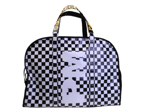BLACK AND WHITE LARGE TRAVEL OR SPORTS BAG WITH CHESS FANTASY. MODEL RAID MADE OF LORRY TARPAULIN.