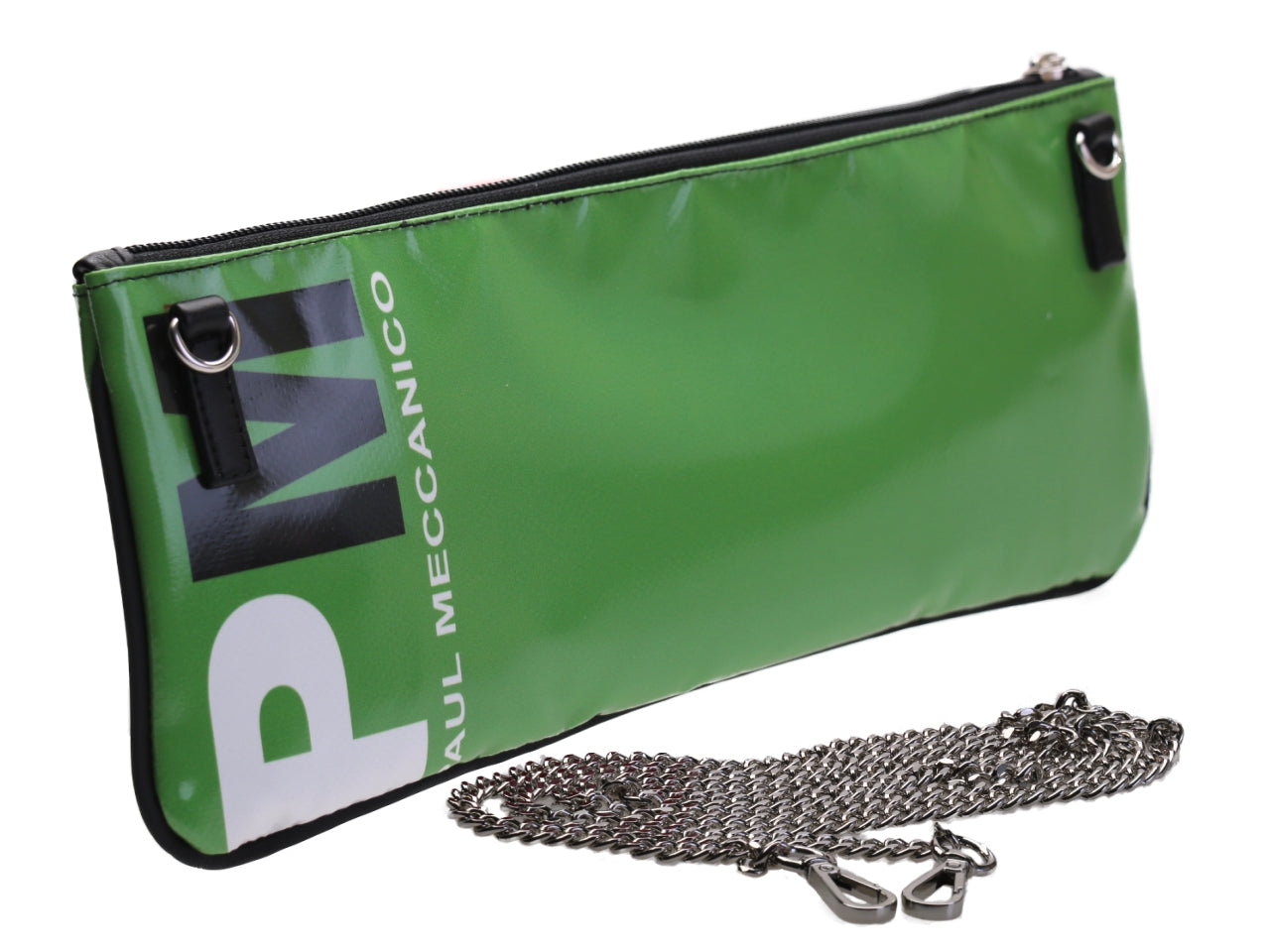 GREEN CLUTCH BAG. MODEL RIBELLA MADE OF LORRY TARPAULIN.