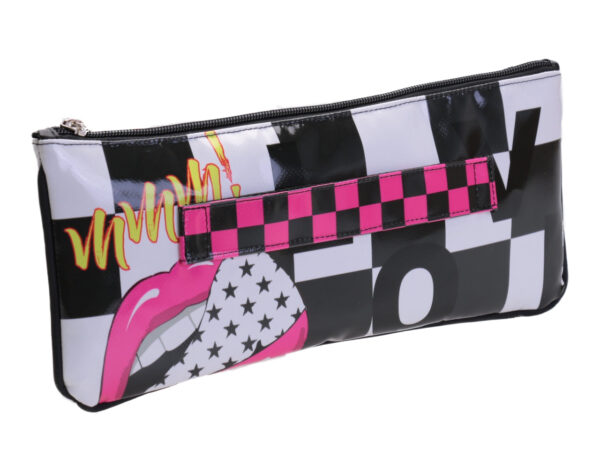 BLACK AND WHITE CLUTCH BAG "KISS ME". MODEL RIBELLA MADE OF LORRY TARPAULIN.