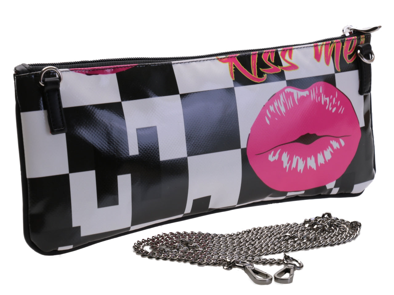 BLACK AND WHITE CLUTCH BAG "KISS ME". MODEL RIBELLA MADE OF LORRY TARPAULIN.