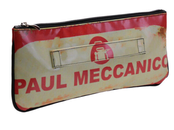 BEIGE AND ORANGE CLUTCH BAG "ENTER AT YOUR OWN RISK". MODEL RIBELLA MADE OF LORRY TARPAULIN.