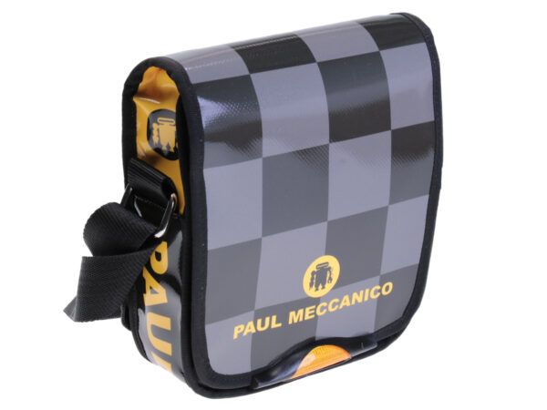 CROSSBODY BAG BLACK FOREST, GREY, YELLOW WITH CHESS FANTASY. MODEL MIPOK MADE OF LORRY TARPAULIN.