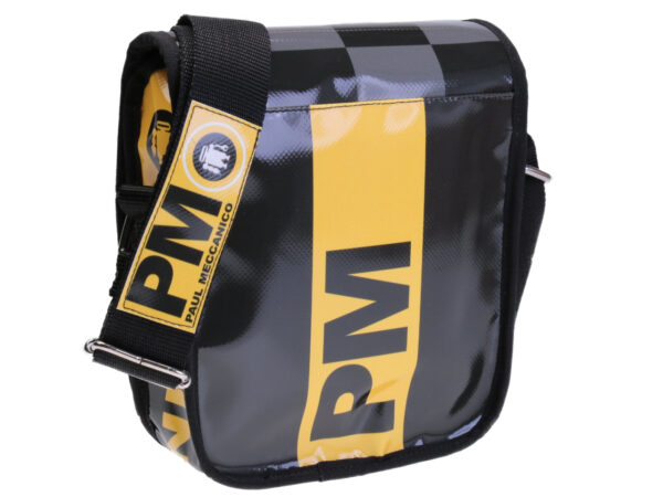 CROSSBODY BAG BLACK FOREST, GREY, YELLOW WITH CHESS FANTASY. MODEL MIPOK MADE OF LORRY TARPAULIN.