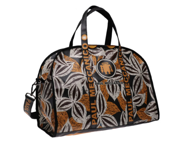 LARGE TRAVEL OR SPORTS BAG OCHER, BEIGE AND BROWN WITH FLORAL FANTASY. MODEL RAID MADE OF LORRY TARPAULIN. - Unique Pieces Paul Meccanico