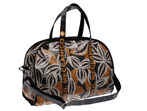 LARGE TRAVEL OR SPORTS BAG OCHER, BEIGE AND BROWN WITH FLORAL FANTASY. MODEL RAID MADE OF LORRY TARPAULIN. - Unique Pieces Paul Meccanico