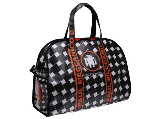 LARGE TRAVEL OR SPORTS BAG BLACK, WHITE AND ORANGE COLOURS CHESS FANTASY. MODEL RAID MADE OF LORRY TARPAULIN. - Unique Pieces Paul Meccanico