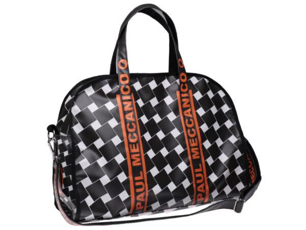 LARGE TRAVEL OR SPORTS BAG BLACK, WHITE AND ORANGE COLOURS CHESS FANTASY. MODEL RAID MADE OF LORRY TARPAULIN. - Unique Pieces Paul Meccanico