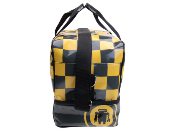DARK GREEN AND YELLOW HAND LUGGAGE BAG 40 X 20 X 25 CM WITH CHESS FANTASY. MODEL FLYME MADE OF LORRY TARPAULIN. - Paul Meccanico