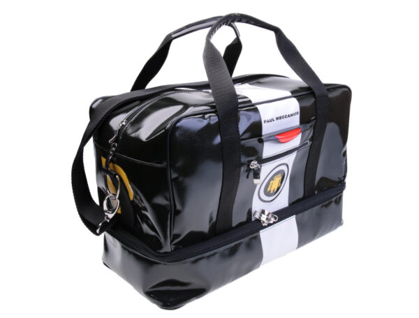 BLACK AND WHITE HAND LUGGAGE BAG 40 X 20 X 25 CM. MODEL FLYME MADE OF LORRY TARPAULIN. - Paul Meccanico