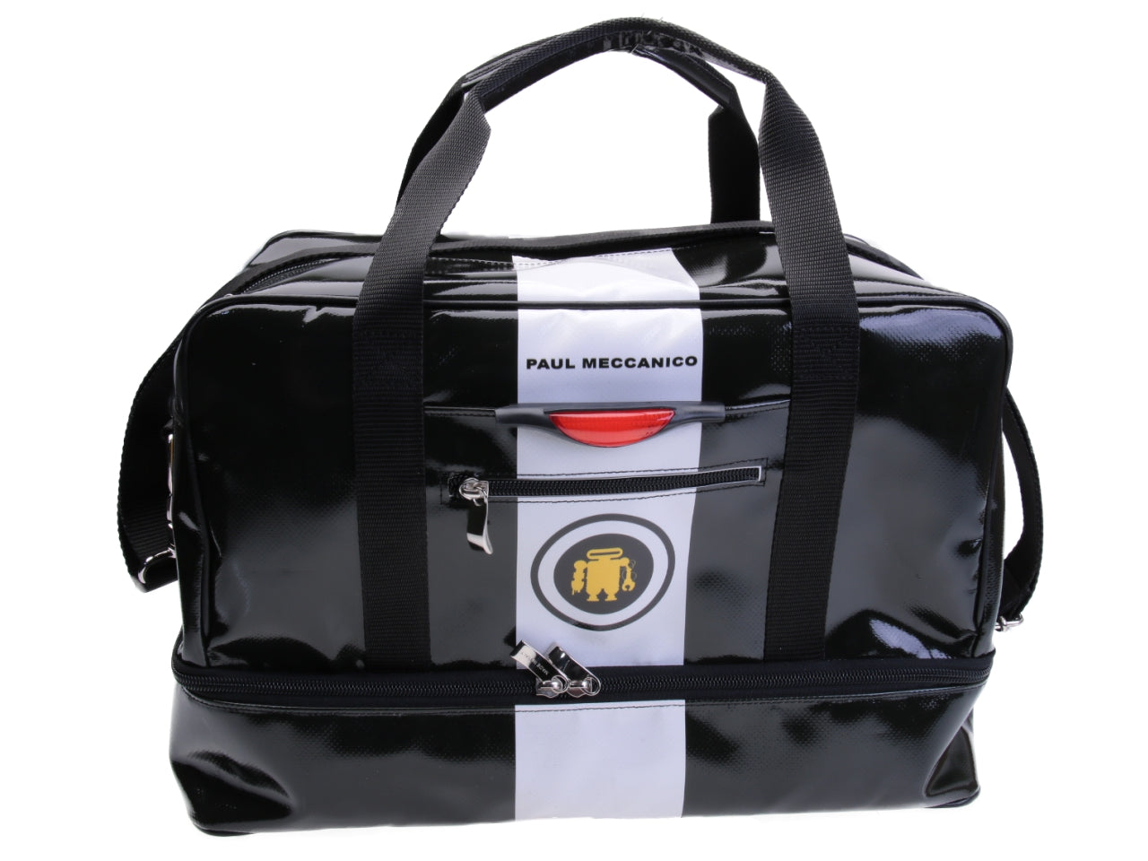 BLACK AND WHITE HAND LUGGAGE BAG 40 X 20 X 25 CM. MODEL FLYME MADE OF LORRY TARPAULIN. - Paul Meccanico