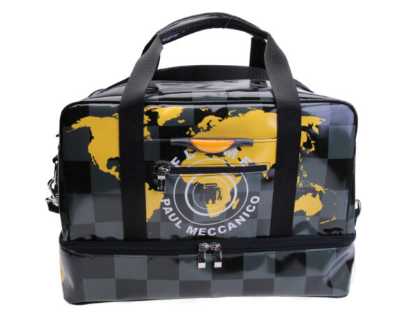 HAND LUGGAGE BAG BLACK GREY YELLOW 40 X 20 X 25 CM. MODEL FLYME MADE OF LORRY TARPAULIN. - Paul Meccanico