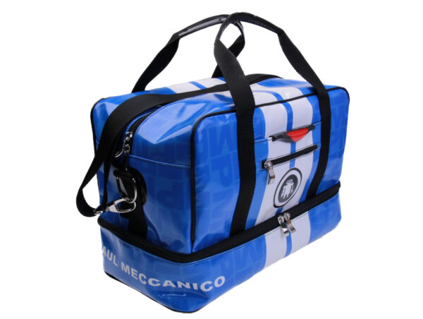 BLUE AND WHITE HAND LUGGAGE BAG 40 X 20 X 25 CM. MODEL FLYME MADE OF LORRY TARPAULIN. - Paul Meccanico