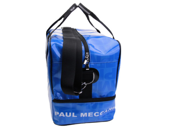 BLUE AND WHITE HAND LUGGAGE BAG 40 X 20 X 25 CM. MODEL FLYME MADE OF LORRY TARPAULIN. - Paul Meccanico