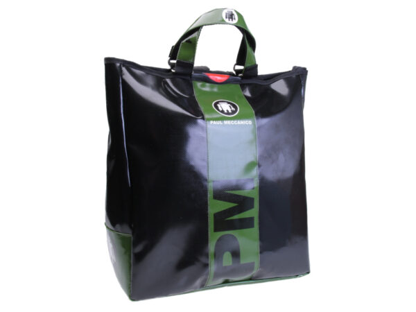 2 IN 1 BRIEFCASE AND BACKPACK BLACK WITH GREEN. MODEL HYBRID MADE OF LORRY TARPAULIN.