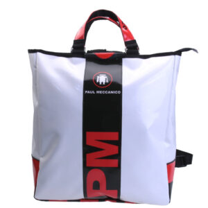 2 IN 1 BRIEFCASE AND BACKPACK WHITE, BLACK, RED. MODEL HYBRID MADE OF LORRY TARPAULIN.