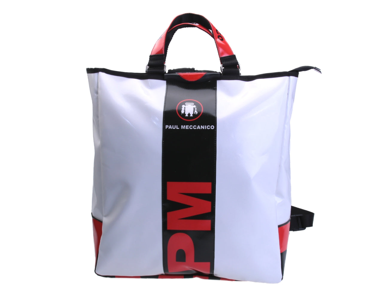 2 IN 1 BRIEFCASE AND BACKPACK WHITE, BLACK, RED. MODEL HYBRID MADE OF LORRY TARPAULIN.