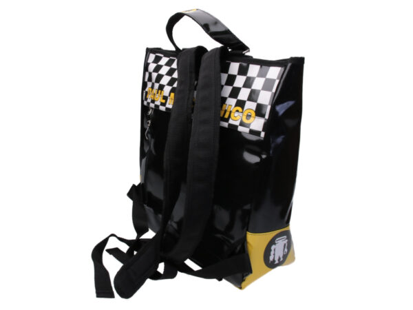 2 IN 1 BRIEFCASE AND BACKPACK BLACK WITH YELLOW. MODEL HYBRID MADE OF LORRY TARPAULIN.