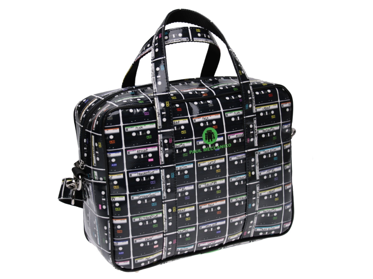 RECTANGULAR WOMEN'S BAG BLACK "MUSICASSETTE". MODEL PINCA MADE OF LORRY TARPAULIN. - Unique Pieces Paul Meccanico