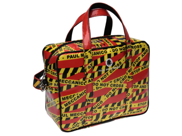 RECTANGULAR WOMEN'S BAG RED AND YELLOW "DO NOT CROSS". MODEL PINCA MADE OF LORRY TARPAULIN. - Unique Pieces Paul Meccanico