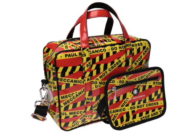 RECTANGULAR WOMEN'S BAG RED AND YELLOW "DO NOT CROSS". MODEL PINCA MADE OF LORRY TARPAULIN. - Unique Pieces Paul Meccanico