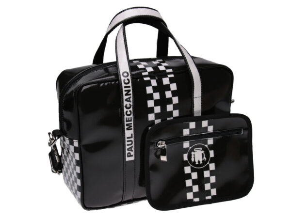 RECTANGULAR WOMEN'S BAG BLACK AND WHITE "GRAND PRIX" STYLE. MODEL PINCA MADE OF LORRY TARPAULIN. - Unique Pieces Paul Meccanico