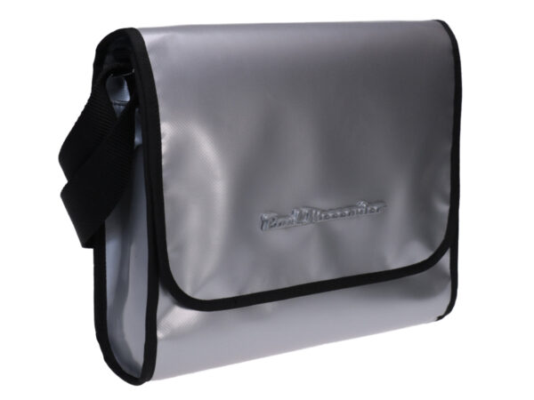 CROSSBODY BAG SILVER COLOUR WITH METALLIC LOGO. MODEL BREAK MADE OF LORRY TARPAULIN. - Unique Pieces Paul Meccanico