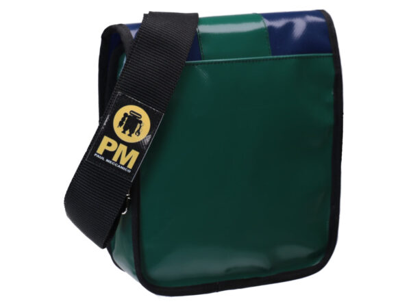 CROSSBODY BAG GREEN BLUE WITH METALLIC LOGO. MODEL MIPOK MADE OF LORRY TARPAULIN. - Unique Pieces Paul Meccanico