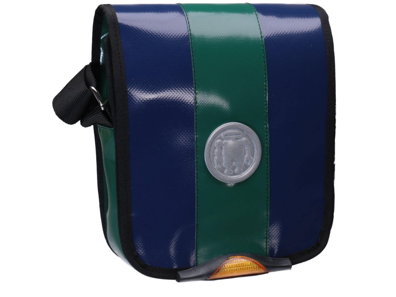 CROSSBODY BAG GREEN BLUE WITH METALLIC LOGO. MODEL MIPOK MADE OF LORRY TARPAULIN. - Unique Pieces Paul Meccanico