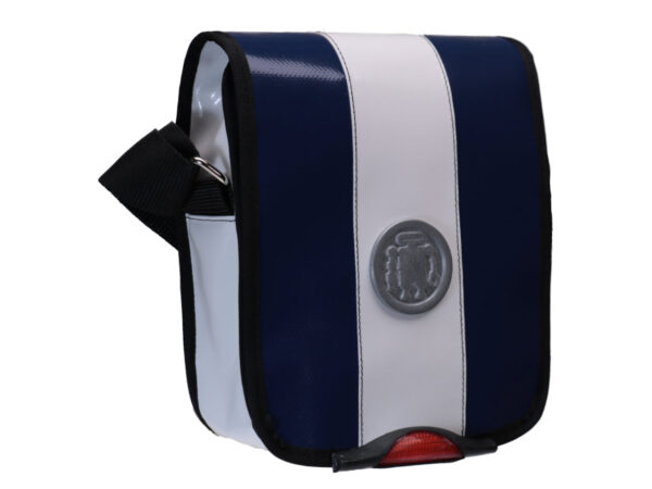 CROSSBODY BAG BLUE WHITE WITH METALLIC LOGO. MODEL MIPOK MADE OF LORRY TARPAULIN. - Unique Pieces Paul Meccanico