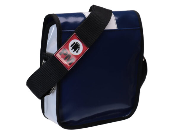 CROSSBODY BAG BLUE WHITE WITH METALLIC LOGO. MODEL MIPOK MADE OF LORRY TARPAULIN. - Unique Pieces Paul Meccanico