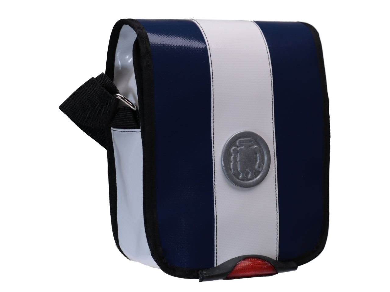 CROSSBODY BAG BLUE WHITE WITH METALLIC LOGO. MODEL MIPOK MADE OF LORRY TARPAULIN. - Unique Pieces Paul Meccanico