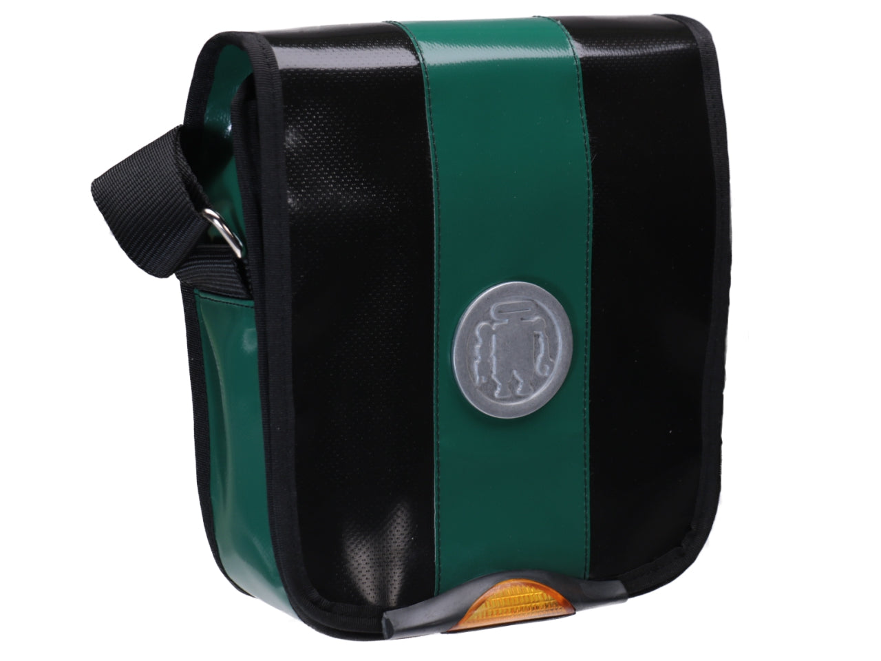 CROSSBODY BAG BLACK GREEN WITH METALLIC LOGO. MODEL MIPOK MADE OF LORRY TARPAULIN. - Unique Pieces Paul Meccanico
