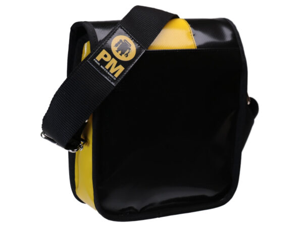 CROSSBODY BAG BLACK YELLOW WITH METALLIC LOGO. MODEL MIPOK MADE OF LORRY TARPAULIN. - Unique Pieces Paul Meccanico