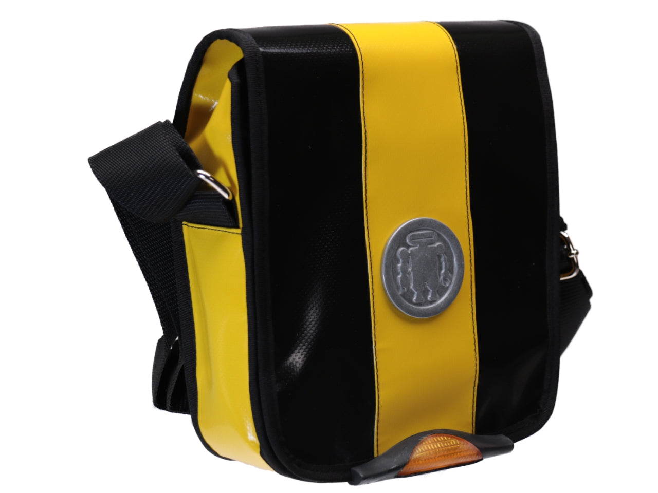 CROSSBODY BAG BLACK YELLOW WITH METALLIC LOGO. MODEL MIPOK MADE OF LORRY TARPAULIN. - Unique Pieces Paul Meccanico