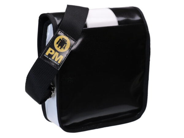 CROSSBODY BAG BLACK WHITE WITH METALLIC LOGO. MODEL MIPOK MADE OF LORRY TARPAULIN. - Unique Pieces Paul Meccanico