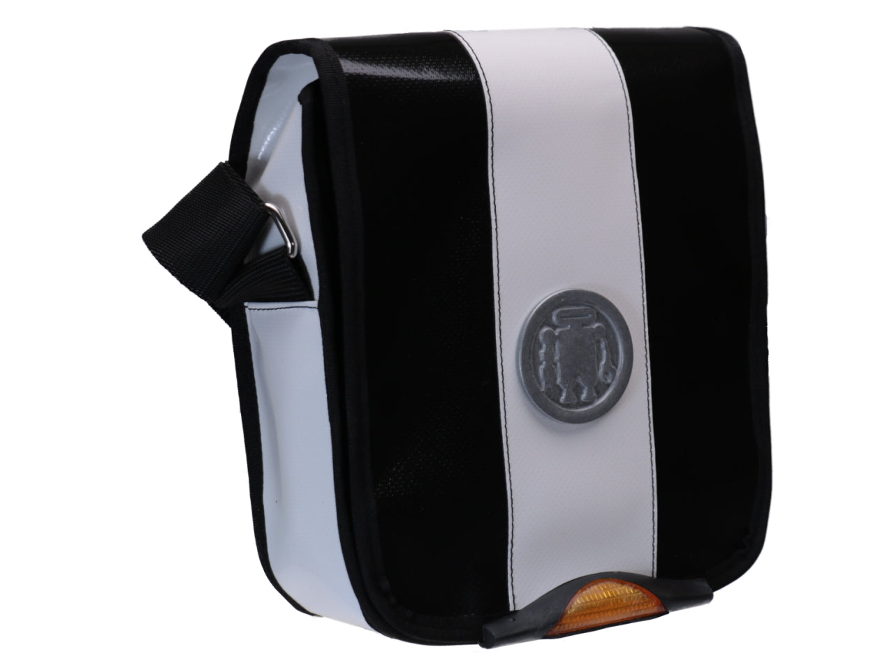 CROSSBODY BAG BLACK WHITE WITH METALLIC LOGO. MODEL MIPOK MADE OF LORRY TARPAULIN. - Unique Pieces Paul Meccanico