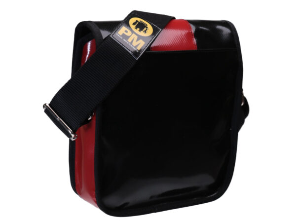 CROSSBODY BAG BLACK RED WITH METALLIC LOGO. MODEL MIPOK MADE OF LORRY TARPAULIN. - Unique Pieces Paul Meccanico
