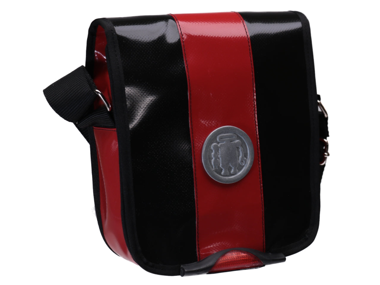 CROSSBODY BAG BLACK RED WITH METALLIC LOGO. MODEL MIPOK MADE OF LORRY TARPAULIN. - Unique Pieces Paul Meccanico