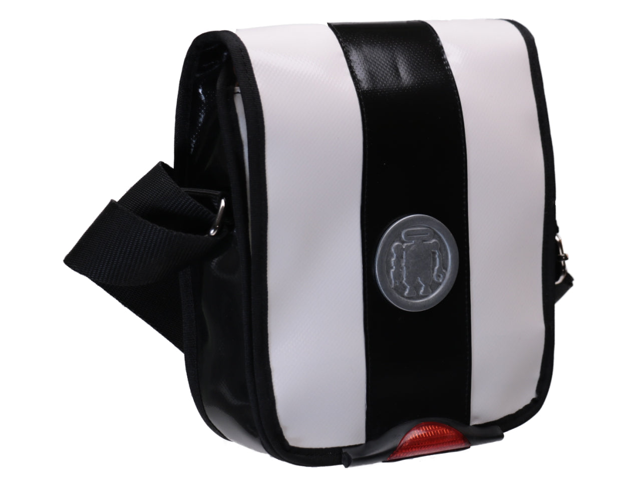CROSSBODY BAG WHITE BLACK WITH METALLIC LOGO. MODEL MIPOK MADE OF LORRY TARPAULIN. - Unique Pieces Paul Meccanico