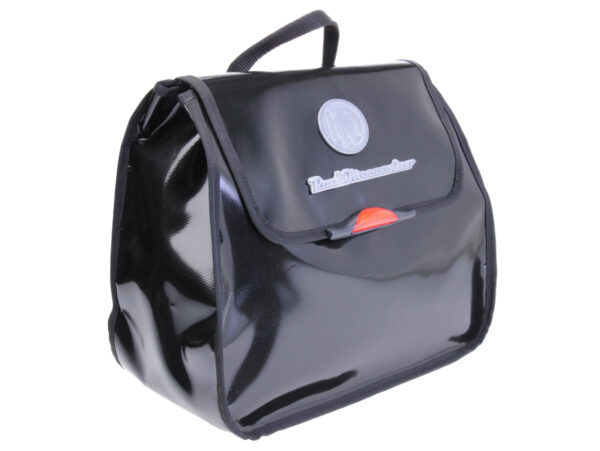 BLACK WOMEN'S "BACK BAG" WITH METALLIC LOGO. MODEL PULP MADE OF LORRY TARPAULIN.