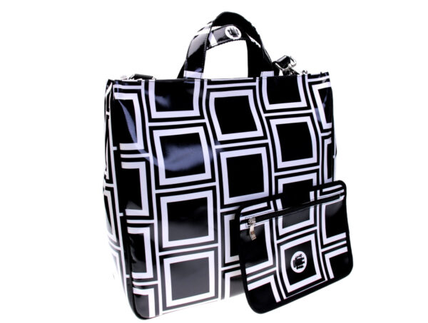 MAXI TOTE BAG BLACK AND WHITE GEOMETRIC FANTASY. MODEL AIRSTONE MADE OF LORRY TARPAULIN. - Unique Pieces Paul Meccanico