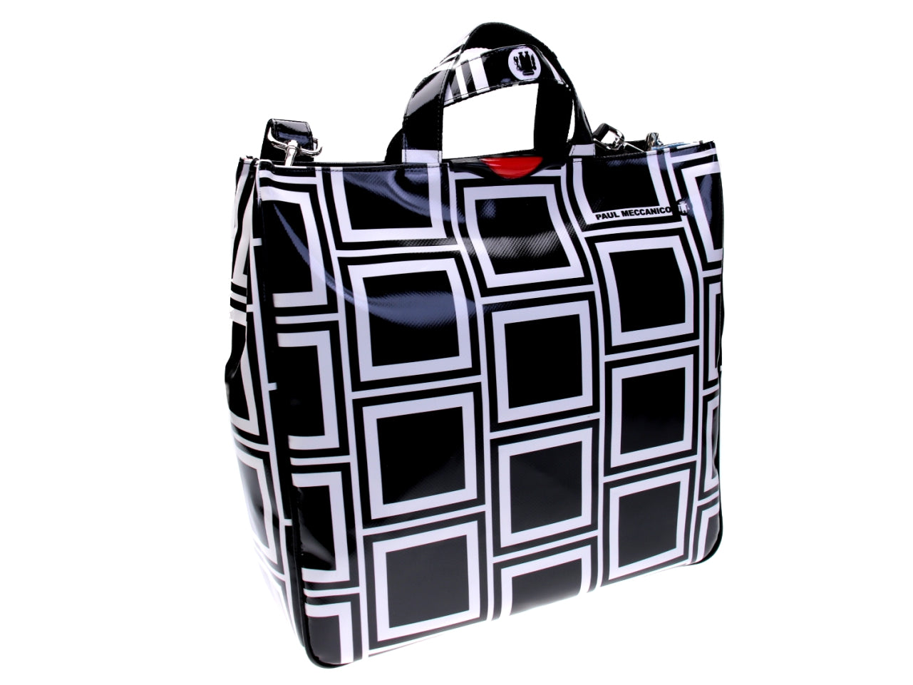MAXI TOTE BAG BLACK AND WHITE GEOMETRIC FANTASY. MODEL AIRSTONE MADE OF LORRY TARPAULIN. - Unique Pieces Paul Meccanico