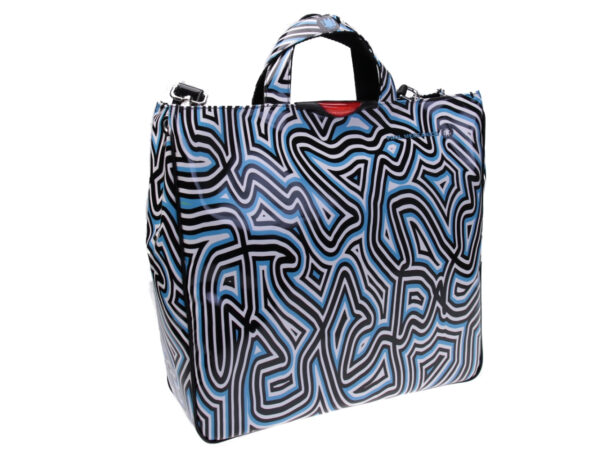 MAXI TOTE BAG BLACK, WHITE, LIGHT BLUE COLOURS WOVEN PATTERN. MODEL AIRSTONE MADE OF LORRY TARPAULIN. - Unique Pieces Paul Meccanico