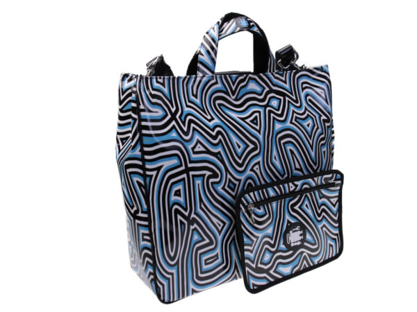 MAXI TOTE BAG BLACK, WHITE, LIGHT BLUE COLOURS WOVEN PATTERN. MODEL AIRSTONE MADE OF LORRY TARPAULIN. - Unique Pieces Paul Meccanico