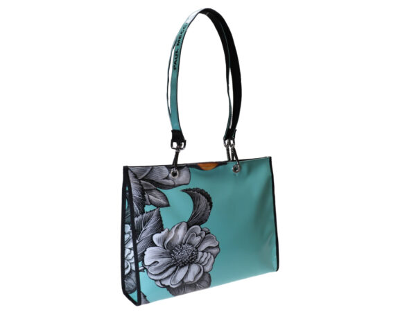 SHOPPER SEA GREEN WITH FLORAL FANTASY. MODEL PEPE MADE OF LORRY TARPAULIN. - Unique Pieces Paul Meccanico