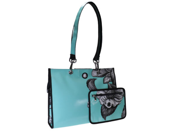 SHOPPER SEA GREEN WITH FLORAL FANTASY. MODEL PEPE MADE OF LORRY TARPAULIN. - Unique Pieces Paul Meccanico