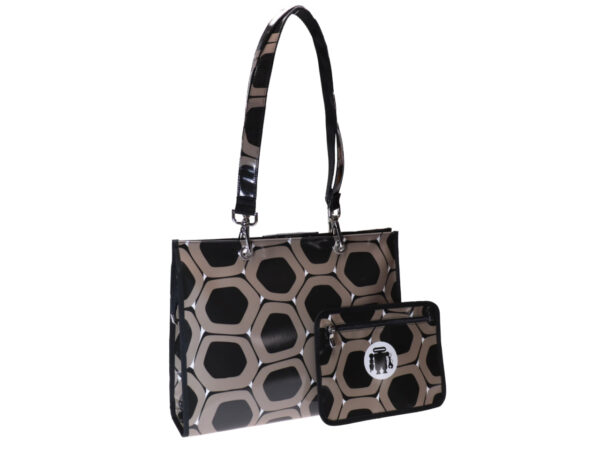 SHOPPER BLACK AND TAUPE WITH HONEYCOMB FANTASY. MODEL PEPE MADE OF LORRY TARPAULIN. - Unique Pieces Paul Meccanico
