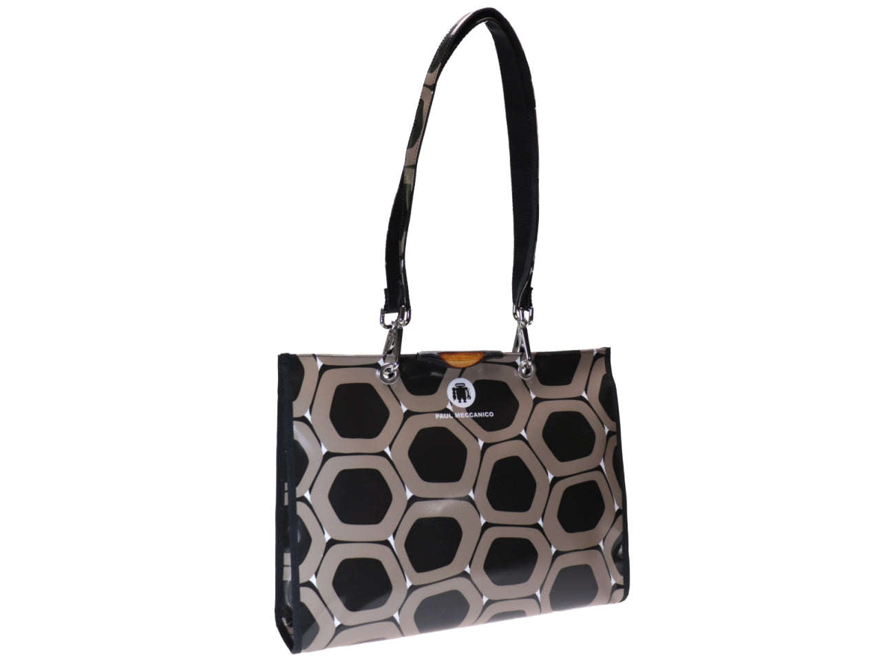 SHOPPER BLACK AND TAUPE WITH HONEYCOMB FANTASY. MODEL PEPE MADE OF LORRY TARPAULIN. - Unique Pieces Paul Meccanico